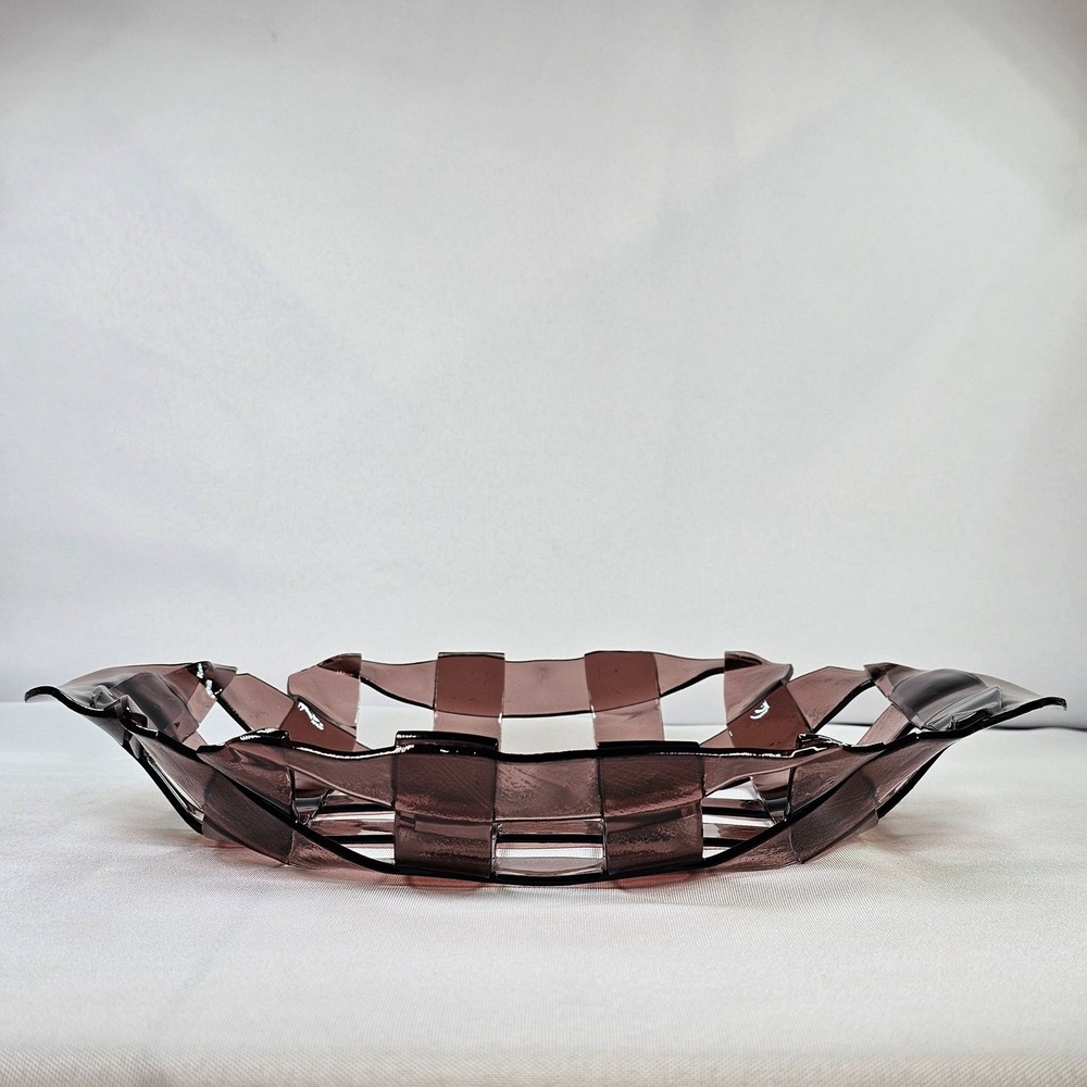 Amethyst Purple Fused Glass Woven Lattice Bowl Pie Dish Art Glass Centerpiece - Picture 2 of 10